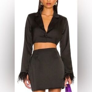 NWT More to Come Julia Blazer Top Black faux feather trim Revolve Small
